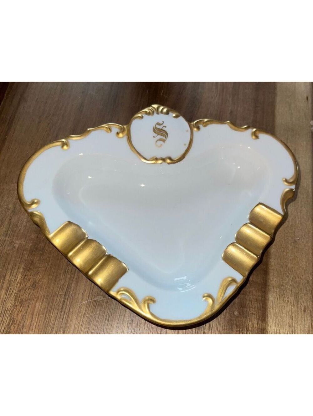 Vintage 1964 White and Gold Porcelain Ashtray with Monogram S